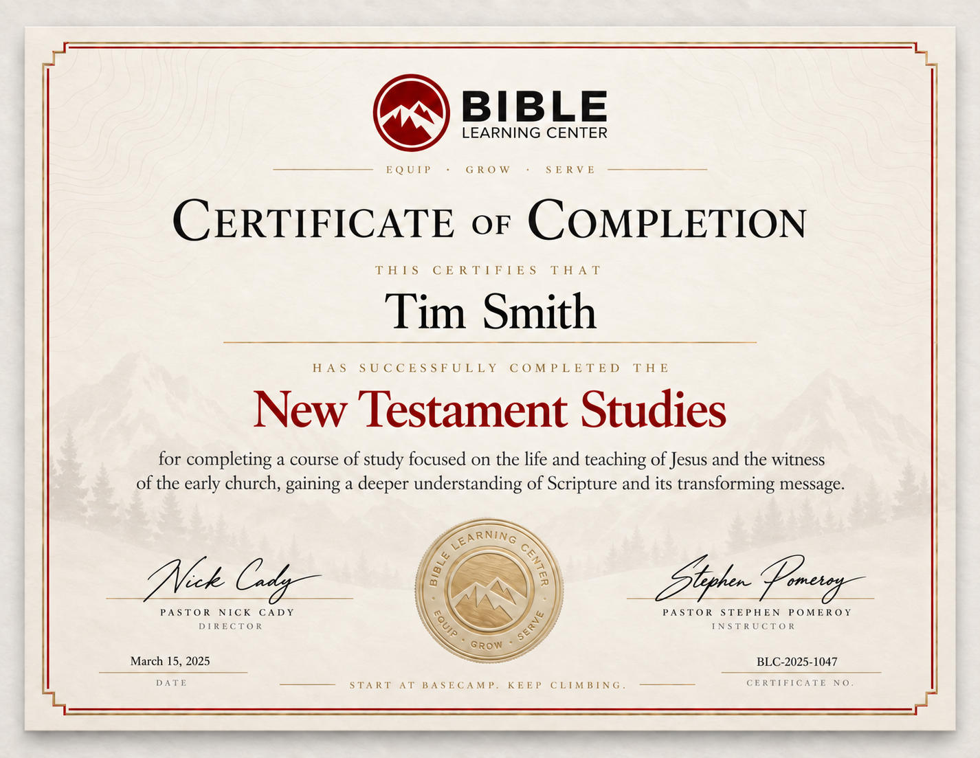 BLC New Testament Studies certificate design example with cream parchment, burgundy and gold border, mountain artwork, and gold seal