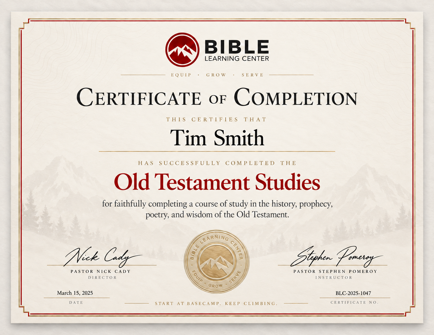 BLC Old Testament Studies certificate design example with cream parchment, burgundy and gold border, mountain artwork, and gold seal